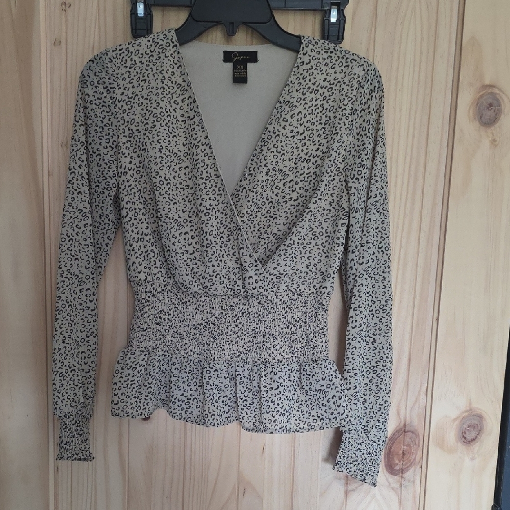 Soprano Beige and Black Leopard Print Wrap Peplum Top